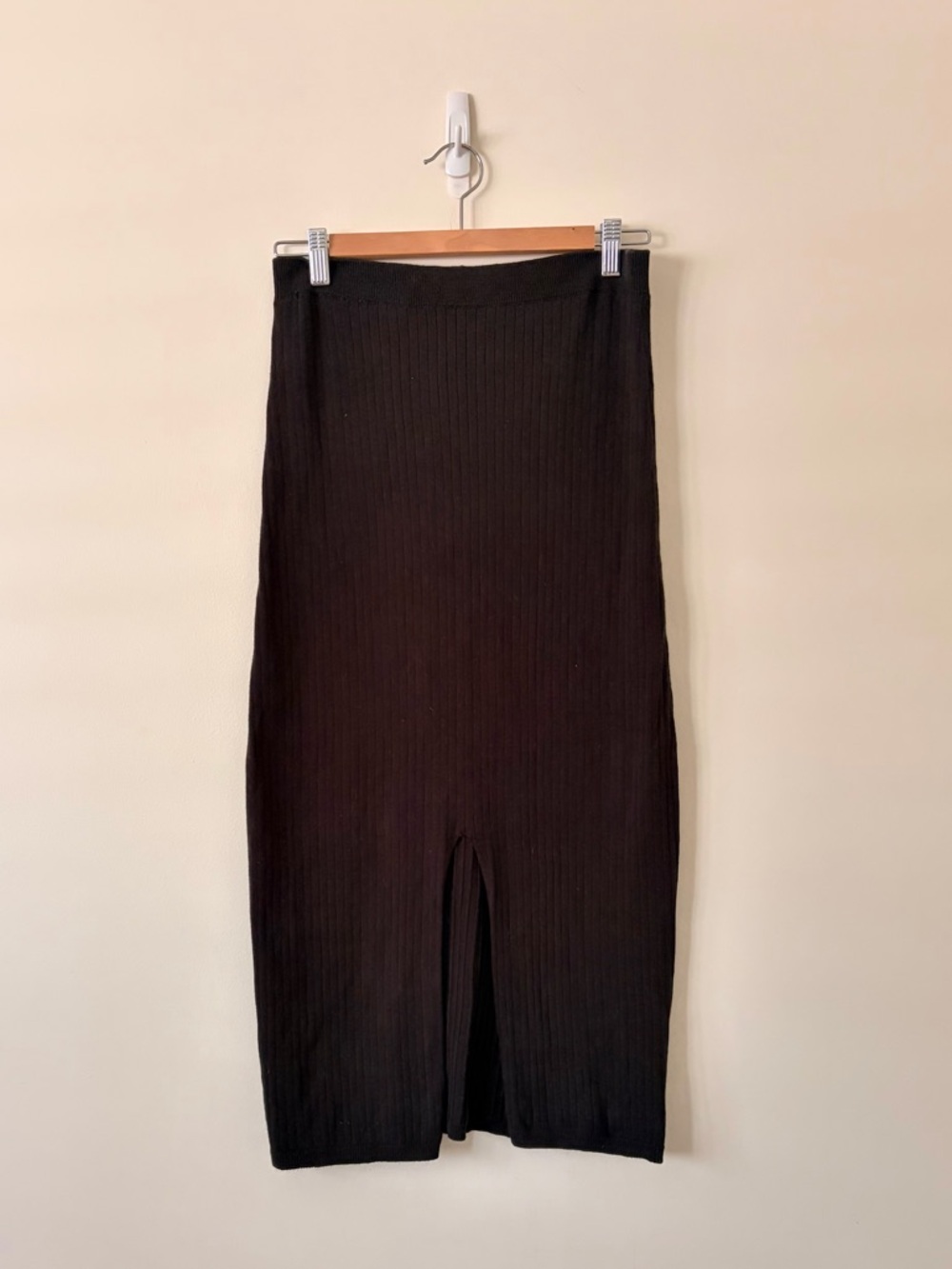 Free People Black Ribbed Midi Skirt with Front Slit